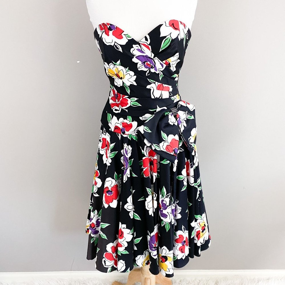 Vintage 80's Lillie Rubin Strapless Black Floral Fit Flare Summer Party Dress 6